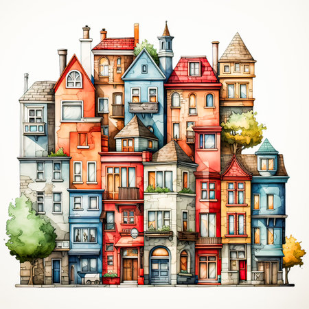 Charming European Homes, A watercolor sketch highlights beautiful facades amidst a serene natural landscapeの素材