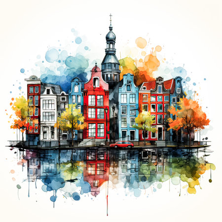 Picturesque Amsterdam, A charming watercolor rendering of the citys iconic colored houses within a scenic landscapeの素材