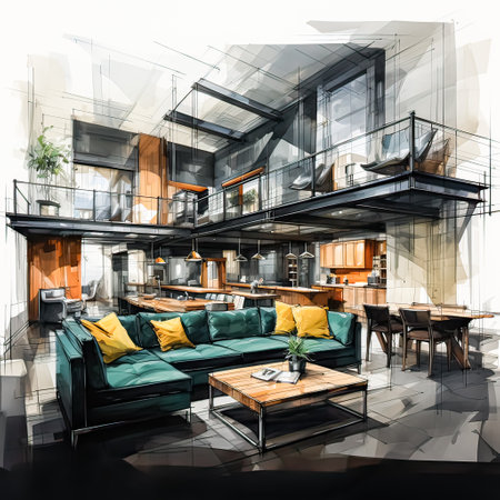 Watercolor art captures the chic design of a loft style apartment in vibrant huesの素材