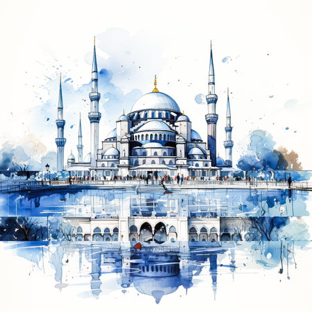 Architectural Legacy, Watercolor portrayal of a Turkish style temple, preserving its timeless designの素材