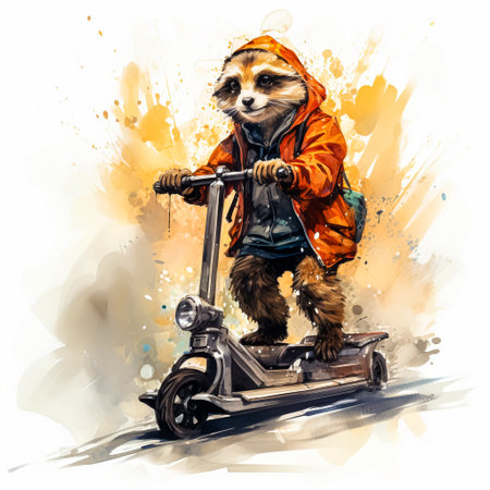 A watercolor image of a skateboard loving meerkat with a hipster flair, a fun and trendy image.の素材