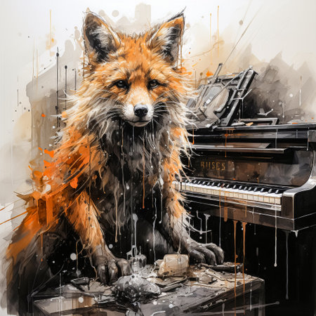 Fox Serenade, a watercolor painting of a fox playing the piano, a playful and lively image full of character.の素材