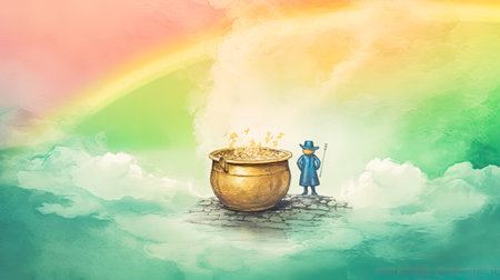 Watercolor pot of gold on a rainbow, a festive St. Patricks Day image radiating luck and celebrationの素材