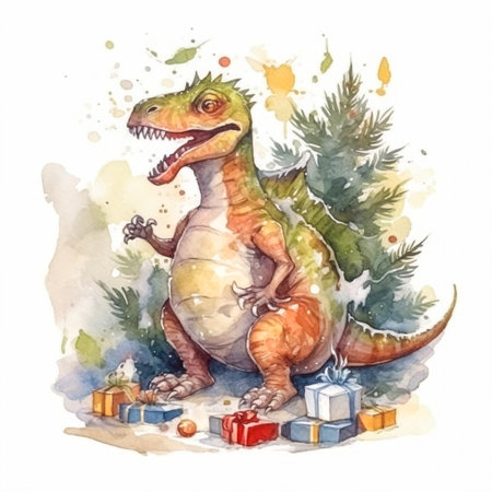 Celebrate in prehistoric style with a watercolor portrayal of a dinosaur donning a Santa suit, joyfully sharing gifts a unique and whimsical Christmas and New Year imageの素材