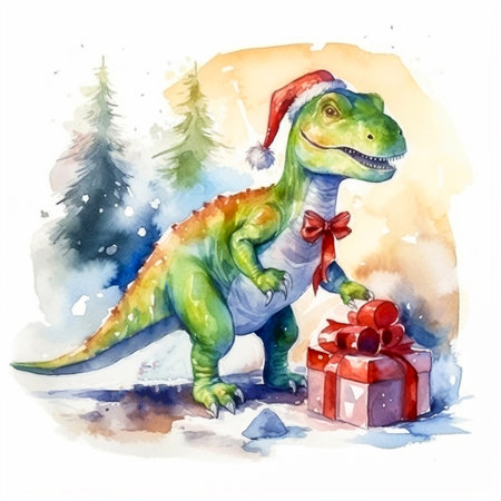Celebrate in prehistoric style with a watercolor portrayal of a dinosaur donning a Santa suit, joyfully sharing gifts a unique and whimsical Christmas and New Year imageの素材