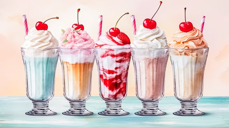 Transport to a retro summer dream with watercolor art a glass of ice cream adorned with cherries and strawberries a sweet escape in vintage huesの素材