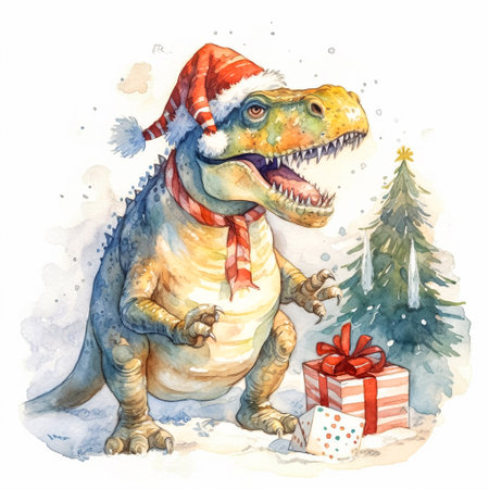 a dinosaur in a Santa suit shares gifts, infusing Christmas and New Year celebrations with whimsical charm and joyの素材