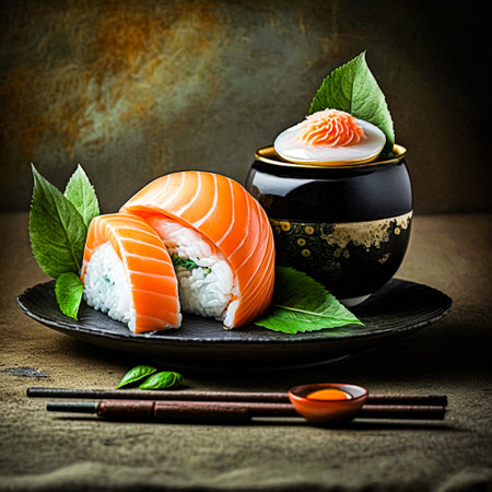 Top view elegance Sushi and rolls on a dark background, a captivating ode to the artistry and flavor of Asian cuisineの素材