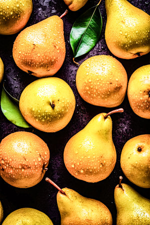 Elevate your palate with the perfection of a top view of a juicy pear with water drops on a dark background, a rich and alluring visual feastの素材