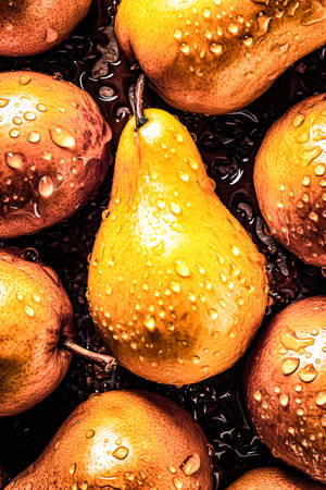 Elevate your palate with the perfection of a top view of a juicy pear with water drops on a dark background, a rich and alluring visual feastの素材