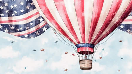 A majestic hot air balloon soars, a vibrant burst of color and freedom in the boundless, dreamy expanseの素材