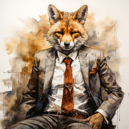 Business watercolor foxes in elegant suits are a whimsical combination of the business world and natural charm, depicted with artistic flair.の素材