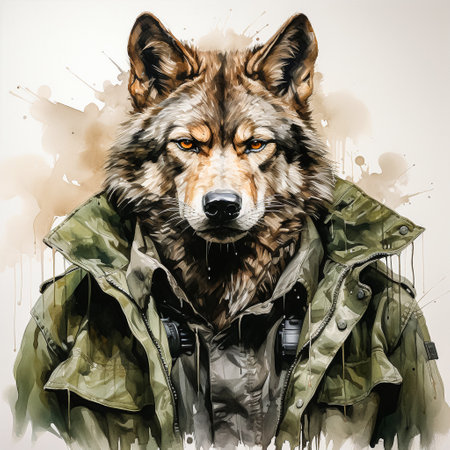 The Essence of the Wolf in Watercolor A breathtaking portrait that captures the creature's charm and grace in a vibrant symphony of hues.の素材