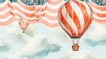 A majestic hot air balloon soars, a vibrant burst of color and freedom in the boundless, dreamy expanseの素材