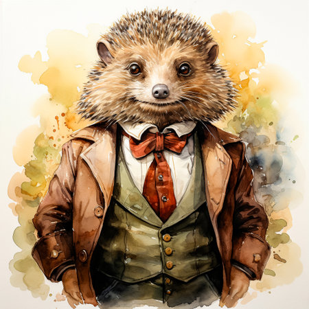 A business watercolor of a hedgehog in an elegant suit is a whimsical combination of the business world and natural charm, depicted with artistic flair.の素材