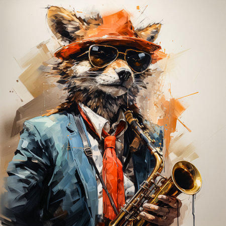 The fox playing the saxophone is a charming depiction of musical harmony and the playful spirit of nature in vibrant colors.の素材