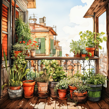 Watercolor oasis A balcony garden blooms in pots, a vibrant tapestry of plant life within the apartment, a verdant escape in the heart of homeの素材