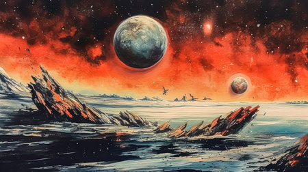 Watercolor cosmic dreams A celestial ballet of planets in vivid hues, capturing the awe and wonder of the vast, enchanting universeの素材