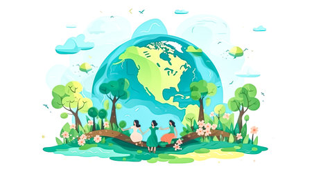 United for Earth, Diverse people against greenery, a powerful symbol of collective commitment to nature conservation an Earth Day celebrationの素材
