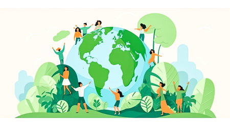 Global harmony, People against a backdrop of green landscapes a collective pledge for nature conservation, celebrating Earth Day with unity and purposeの素材