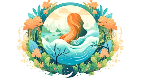 Mother Natures avatar, A girl adorned in green, embodying Earths guardian spirit against a lush backdrop a vibrant celebration for Earth Dayの素材