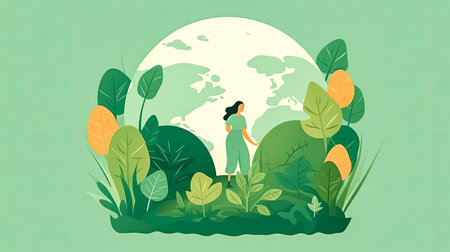 Mother Natures avatar, A girl adorned in green, embodying Earths guardian spirit against a lush backdrop a vibrant celebration for Earth Dayの素材