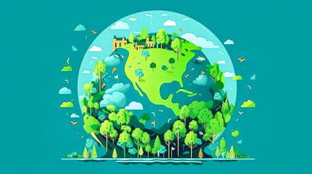 A planet in bloom, Earth adorned with green landscapes and lush trees a festive salute to the conservation efforts embraced on Earth Dayの素材