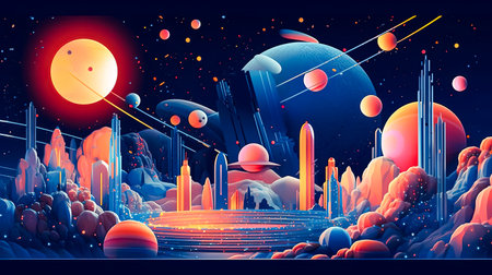 Abstract futurism takes flight, planets dance in cosmic hues, conveying the boundless allure of celestial worldsの素材