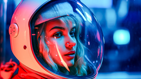 Close up on a female astronauts visage, capturing the blend of awe and determination etched across her face a testament to the beauty of space explorationの素材