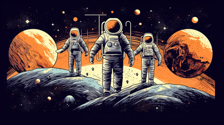 Astronaut in mid flight, suspended amidst the stars, embodying the spirit of human ambition reaching new heights in the boundless expanse of the interstellar frontier.の素材