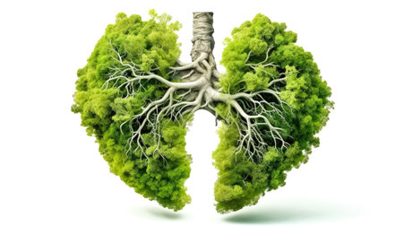 Breath of life, Lungs taking the form of a tree, a poignant concept linking our respiratory health with the oxygen generating power of natureの素材