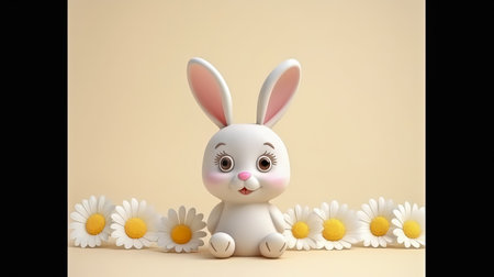the Easter bunny sits surrounded by daisies against a background of colored paper, a joyful illustration that captures the essence of the festive spirit of Easter and the vibrant energy of spring.の素材