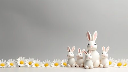 the Easter bunny sits surrounded by daisies against a background of colored paper, a joyful illustration that captures the essence of the festive spirit of Easter and the vibrant energy of spring.の素材