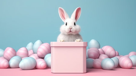 A colorful holiday, the Easter Bunny sits in a gift box surrounded by Easter eggs, a joyful illustration that captures the essence of the festive spirit of Easter and the vibrant energy of spring.の素材