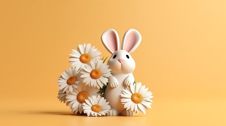 the Easter bunny sits surrounded by daisies against a background of colored paper, a joyful illustration that captures the essence of the festive spirit of Easter and the vibrant energy of spring.の素材