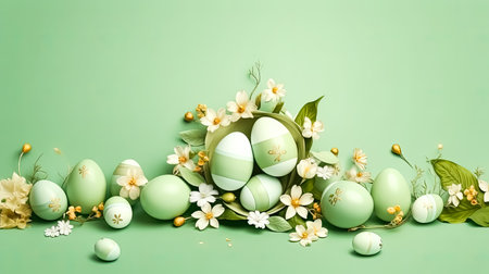Springtime delight, Basket filled with Easter eggs a cheerful illustration radiating the joy of celebration during this vibrant spring holidayの素材
