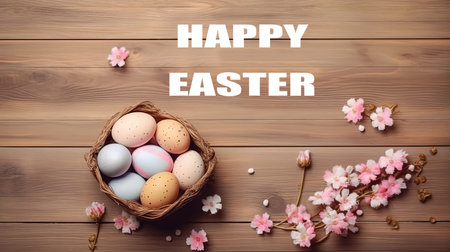 Joyful Easter, A basket brimming with colorful eggsの素材