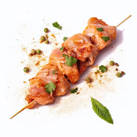 Savor the anticipation, Raw pork slices on skewers, expertly seasoned and ready for culinary mastery. White isolated background for a striking visual appealの素材