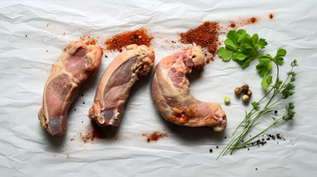 Savory pork, Meat pieces seasoned with spices on parchment, a delicious composition on a white isolated background.の素材