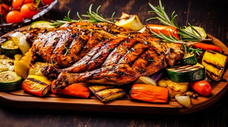 A humble delight, baked chicken and vegetables, elegantly presented on a plate, captured in the eerie darkness of a culinary masterpiece.の素材