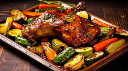 A humble delight, baked chicken and vegetables, elegantly presented on a plate, captured in the eerie darkness of a culinary masterpiece.の素材