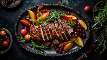 Savory sophistication, Sliced roast pork artfully plated on black, accompanied by vibrant fruits, set against a rich dark background.の素材