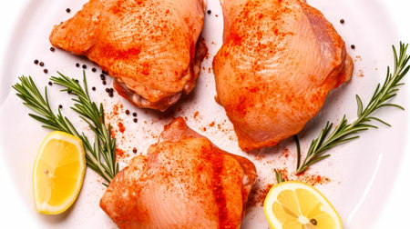 Perfectly raw, Chicken thighs seasoned with spices, displayed with precision on a pristine white isolated background. Culinary art captured.の素材