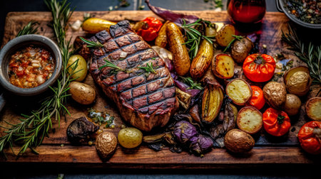 Savor the moment, Top view of succulent baked pork with fresh vegetables in a dark baking dish, captured in low key for a tantalizing presentation.の素材