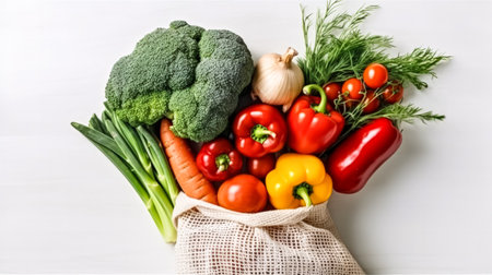 Eco conscious choices, Fresh vegetables and fruits thoughtfully packed in an eco bag on a white backdrop, promoting sustainable and eco friendly living.の素材