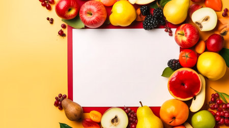 Colorful bounty, Fruits and vegetables arranged around light paper on a vibrant background, top view with ample copy space. A vibrant healthy food concept.の素材