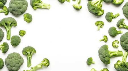 Green vitality, Fresh broccoli showcased on a clean white canvas, promoting a healthy food concept with ample copy space for dietary inspiration.の素材