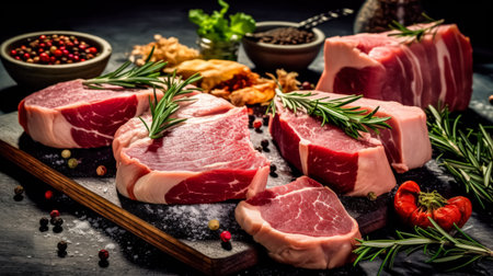 Barbecue anticipation, Raw pork meat adorned with spices and herbs, poised for culinary perfection on a dark, enticing backdrop.の素材