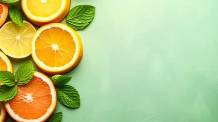 Citrus delight, Sliced fruits adorned with mint on a refreshing green backdrop. A vibrant and invigorating concept for zestful stock photos.の素材