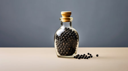 Spice up your kitchen, Black peppercorns nestled in a glass jar, a must have ingredient for flavor enthusiasts and culinary creationsの素材